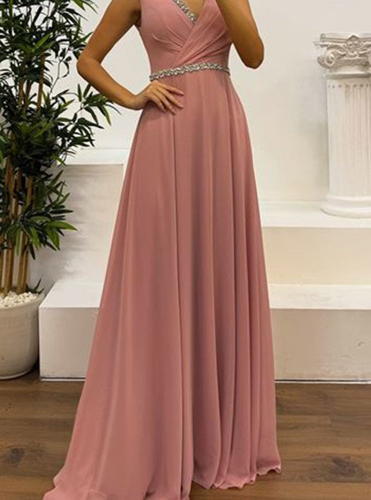 PUDRA BELİ VE GÖĞSÜ TAŞLI TASARIM ABİYE ELBİSE