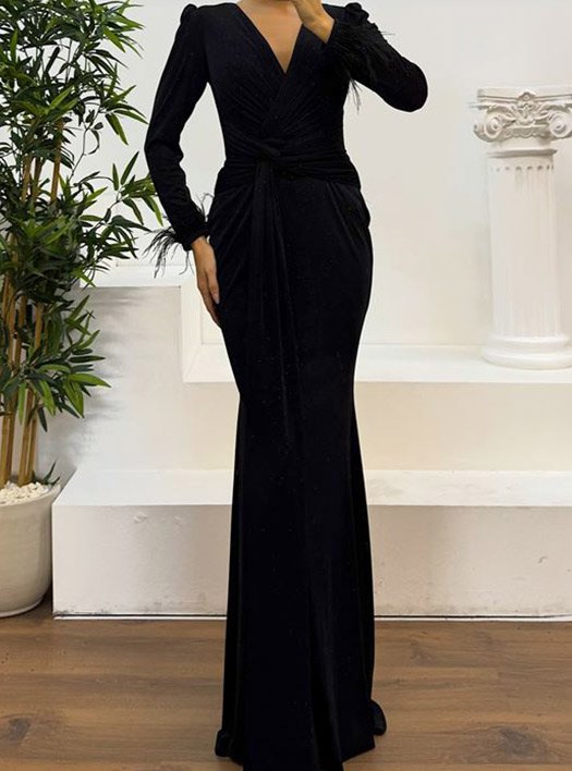 SIYAH V YAKA KOLLARI TÜY DETAY ABİYE ELBİSE