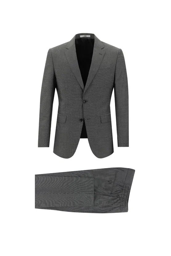 Orta Antrasit Slim Fit Dar Kesim Beli Lastikli İpli Desenli Takım Elbise