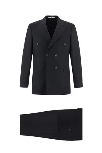 Siyah Regular Fit Yünlü Kruvaze Takım Elbise