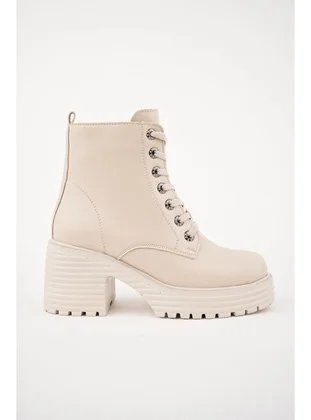 Kalın Taban Platform Topuklu Fermuarlı Bağcıklı Kadın Bot BEJ
